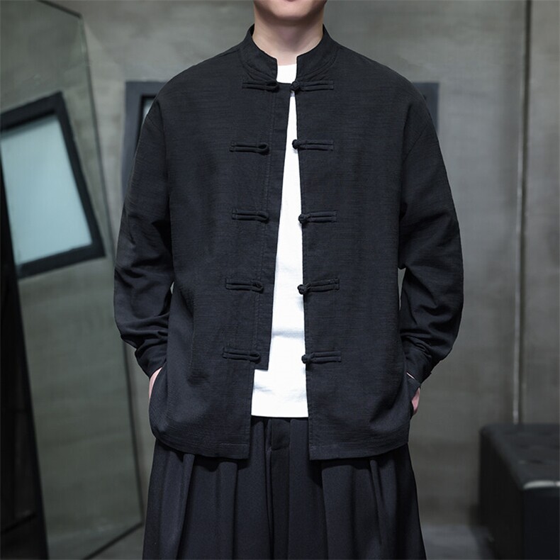 春现货25新款新中式盘扣立领棉麻长袖百搭衬衫纯色CS03-P75控98，男装衬衫，电商A021