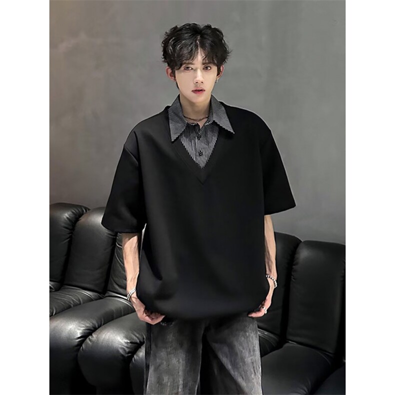 【XZ1112-1】男短袖杉翻领假两件POLO杉T恤五分袖P37YW71，男装T恤，星座1112-1