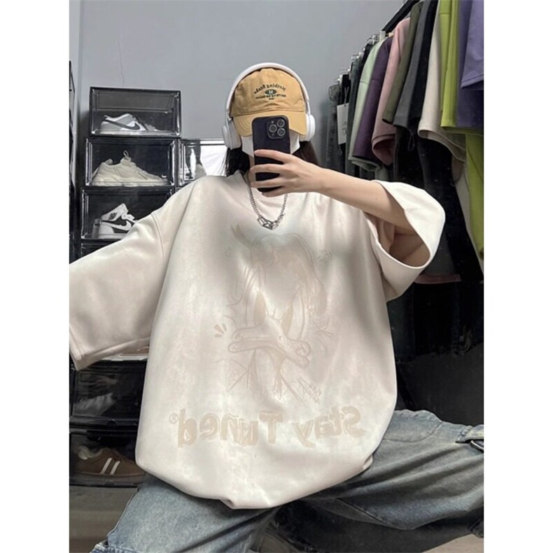 唐老鸭麂皮绒t恤男夏季薄款美式卡通高级感短袖中性风宽松大码T恤,男装T恤,星座506A