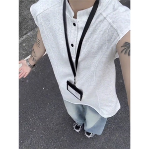 浅灰色解构亨利领正肩卫衣男秋冬长袖T恤polo衫加绒厚内搭打底衫图片