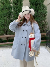 蓝色双面羊毛大衣女中长款秋冬新款韩系小个子学院风减龄毛呢外套，女装双面呢大衣，网红馆