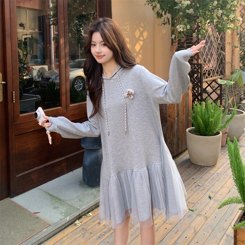 26春新款现-韩系灰色宽松网纱拼接卫衣连衣裙2607B灰-P155K248,女装连衣裙,2B190