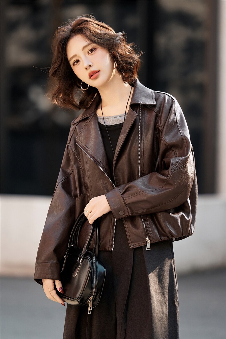 妖精的口袋复古棕色皮衣女2026春秋季新款高级感甜酷短款夹克外套,女装皮衣,江南女神