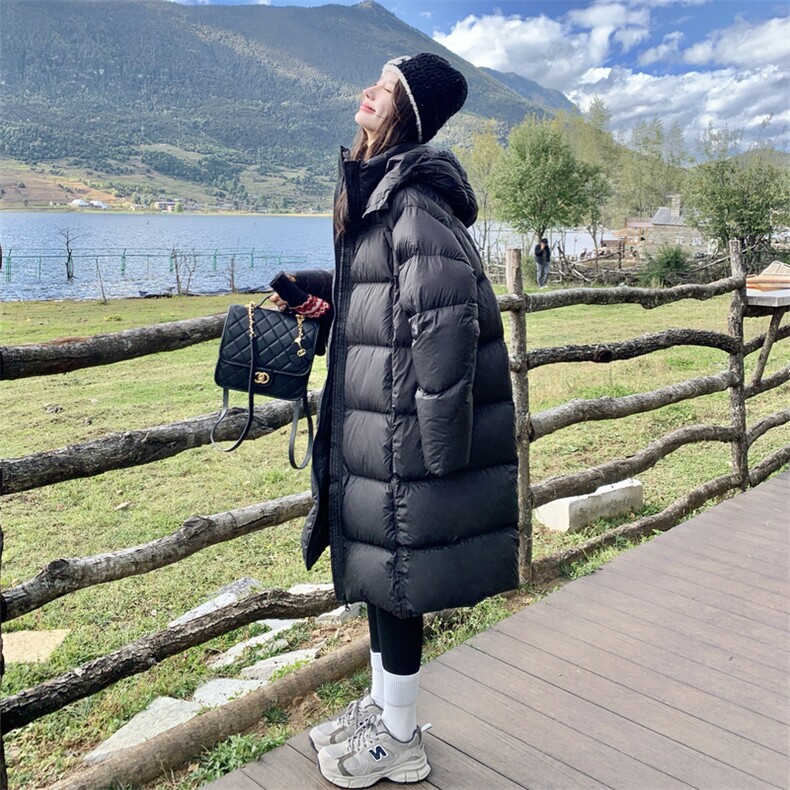 黑色长款连帽羽绒服女冬季2025新款韩系高级感加厚保暖白鸭绒外套,女装羽绒服,2C168