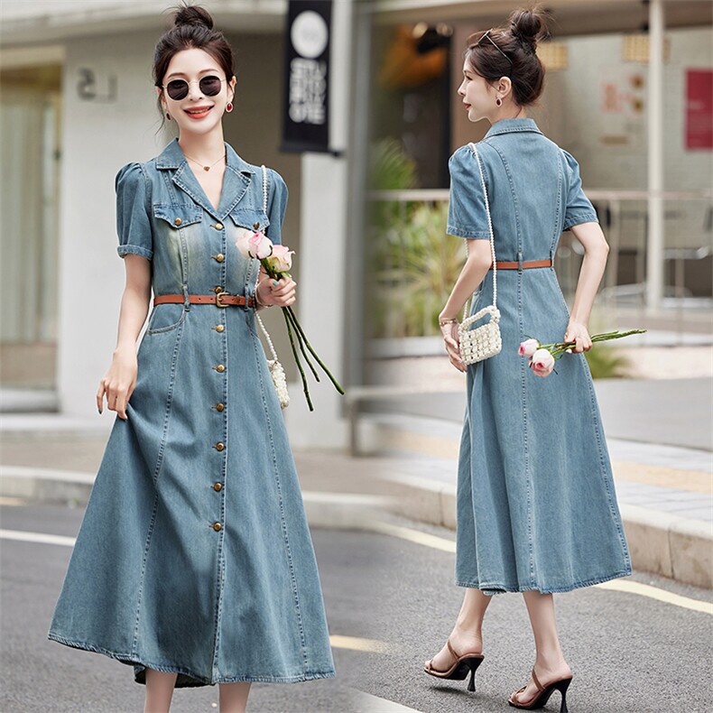 （新款现货）2026年夏季牛仔连衣裙女修身气质长裙休闲复古过膝潮，女装连衣裙，印象茜