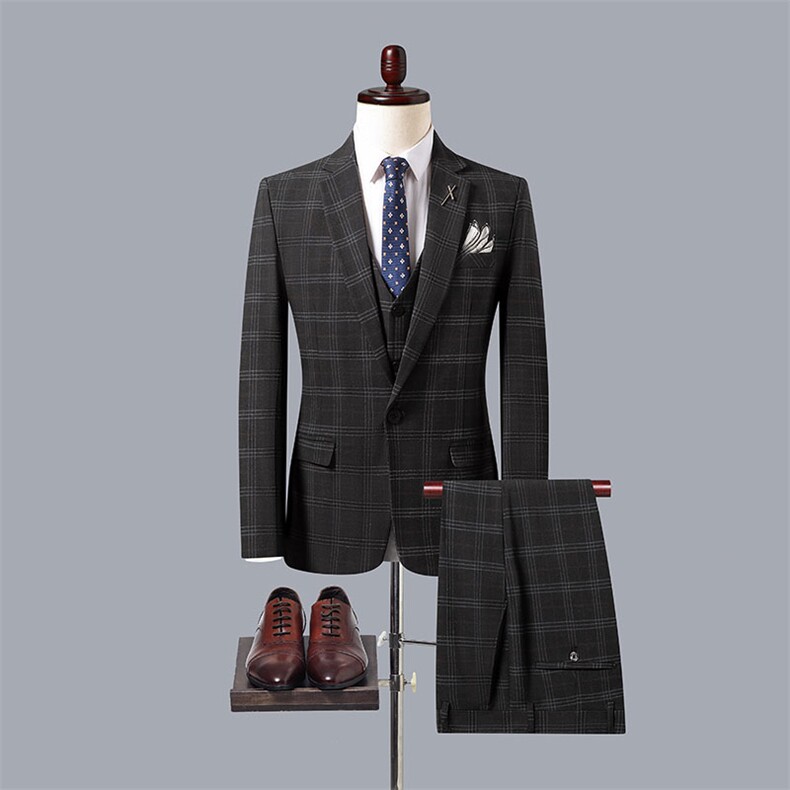 2023男士西服套装新款商务正装休闲条纹西装三件套新郎结婚伴郎服，男装西服套装，钱塘723