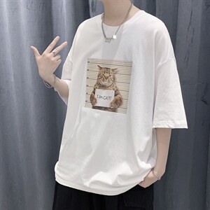 韩系素简卡通猫印花短袖T恤百搭大码宽松男潮517A-1-T916-P28控38图片