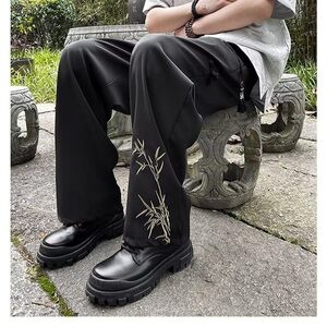 新中式风竹子刺绣男款夏季潮流休闲裤宽松阔腿直筒男装裤子图片
