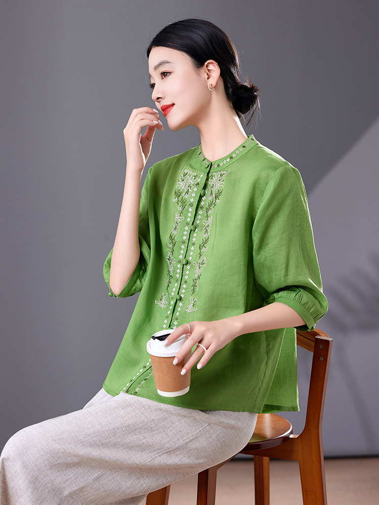 时尚刺绣苎麻衬衫女2025年夏季新款宽松大码中年妈妈减龄薄款上衣,女装衬衫,靓衣阁