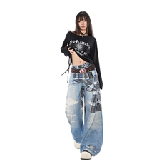 美式高街格子衬衫印花牛仔裤男女宽松直筒阔腿裤拖地裤YD9065-P78，男装衬衫，星座509