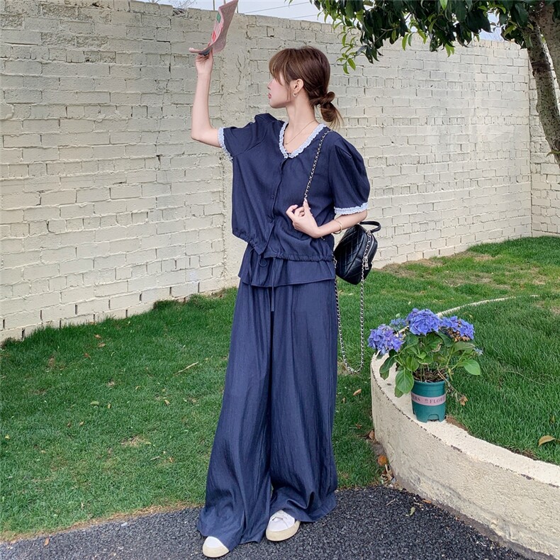 藏青色蕾丝花边圆领上衣阔腿裤套装女2025夏新款设计感甜美两件套,女装套装/套裙,2C159