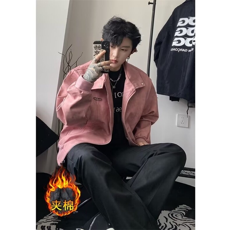 文艺高级感粉色夹克潮牌皮衣外套春秋男女情侣新款翻领加绒加厚款,男装皮衣,星座506A