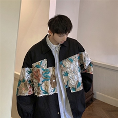港风休闲宽松刺绣潮拼接翻领工装大码M-5XL夹克男7568P85控118，男装夹克，星座227-7