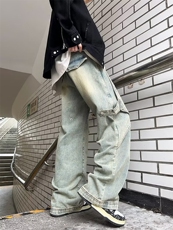 泥黄色工装牛仔裤男春秋季美式高街阔腿裤设计D8101P52，男装牛仔裤，星座1116-2