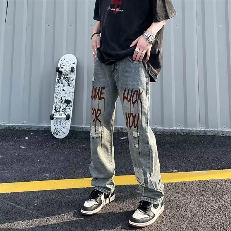 美式高街水洗做旧破洞印花牛仔裤男欧美宽松直筒长裤ins潮,男装牛仔裤,星座1210-1