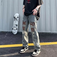 美式高街水洗做旧破洞印花牛仔裤男欧美宽松直筒长裤ins潮，男装牛仔裤，星座1210-1