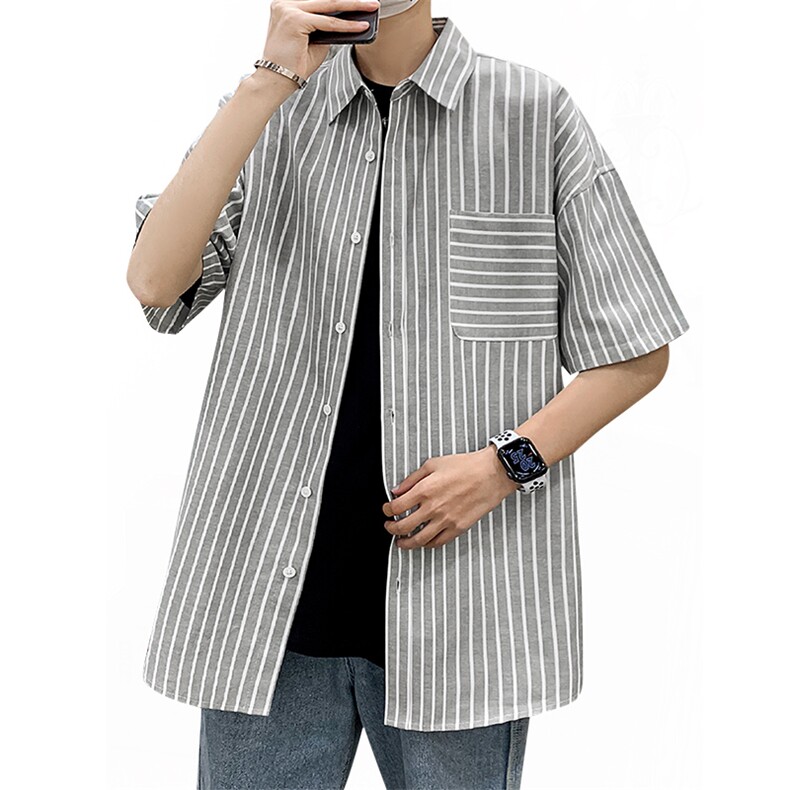 2021年春季新款条纹衬衫女宽松落肩港风衬衫男DS-C407-CS306-P35,男装衬衫,电商C323-1