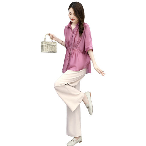 折扣年轻妈妈套装女夏新款时尚休闲大码亚麻衬衫夏装两件套图片