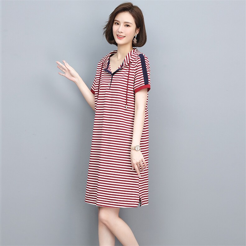 2022年夏季新款韩版条纹连衣裙针织卫衣裙套头中长款通勤,女装连衣裙,忆绮罗