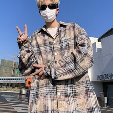 F180P52潮牌破坏感格子衬衫男女春秋宽松休闲显瘦慵懒风衬衣外套，男装衬衫，星座512-6