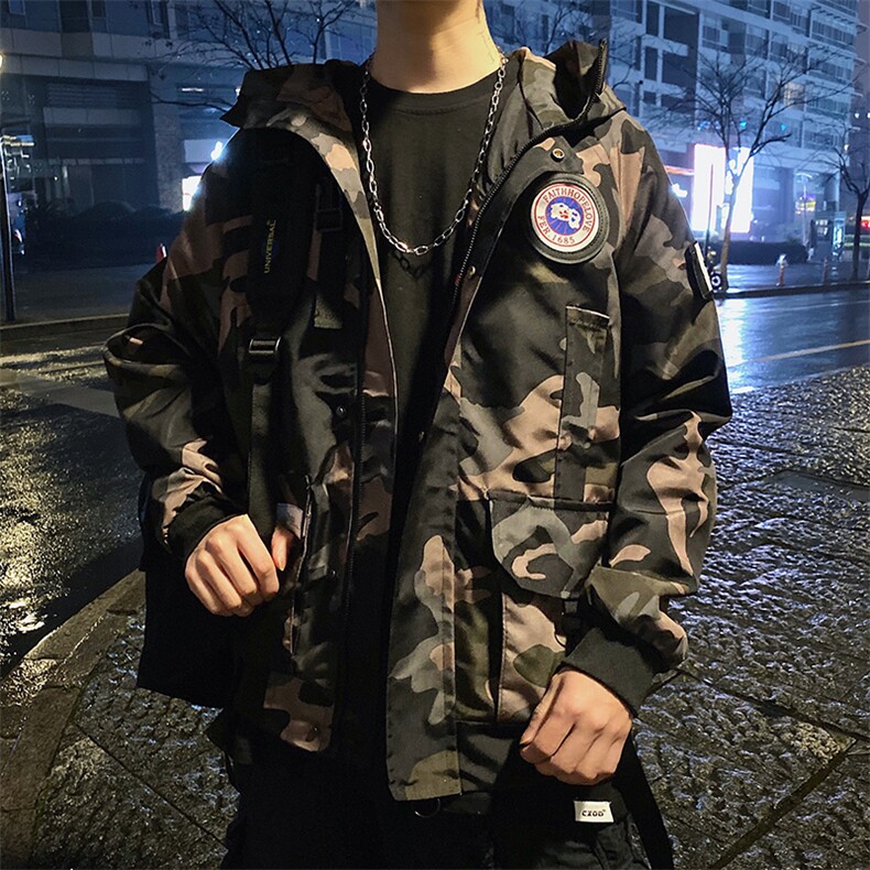 休闲男士秋季青少年日系迷彩宽松工装夹克潮流连帽外套J图片