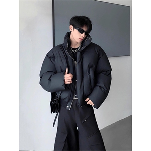 现货5W件冬季三防重磅硬挺boxy短款羽绒立领PU皮棉衣外套加厚棉服图片