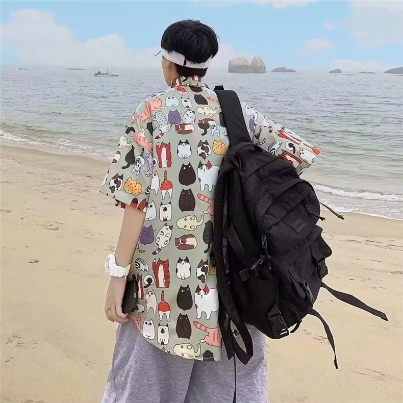 ins夏威夷沙滩衬衫男短袖宽松青少年小众设计感花衬衣ins潮牌炸街,男装衬衫,星座1210-1