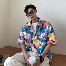 旅游短袖衬衫男夏季宽松情侣外套潮流ins港风休闲满印沙滩花衬衫，男装衬衫，电商C306-1