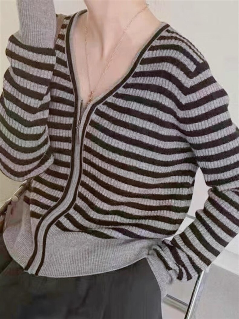 修身显瘦V领长袖小个子休闲薄款横条纹针织35%羊绒开衫,女装羊绒衫,以美红杉羊绒