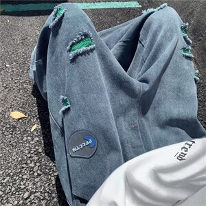 美式高街破洞牛仔裤男新款直筒宽松潮牌坠感阔腿长裤子NK503-p47图片