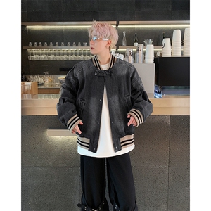 美式复古水洗宽松短款牛仔外套休闲百搭棒球服图片