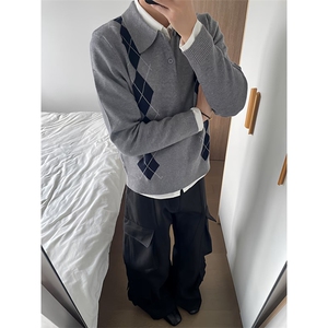 英伦风菱格纹长袖针织衫男修身显瘦毛衣