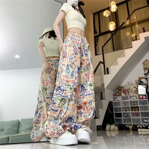 美式涂鸦印花休闲裤女春夏新款设计感高腰爵士跳舞工装垂感拖地裤图片