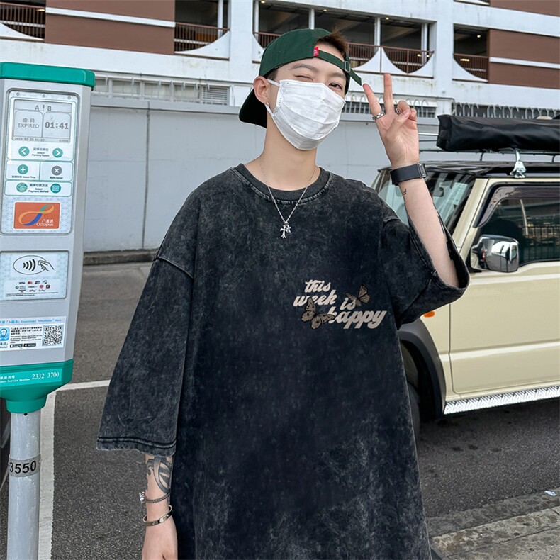 B239-1163-P38蝴蝶字母印花复古水洗做旧半袖重磅短袖T恤美式,男装T恤,星座514-2(原B239)