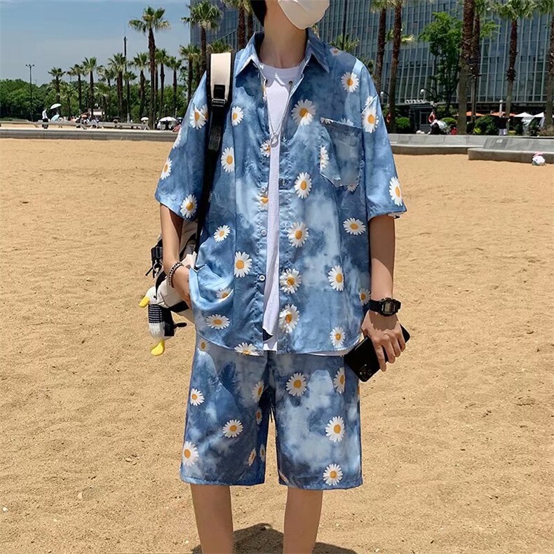 满印雏菊短袖套装男夏日系宽松五分袖五分短裤2021外套W977-P55,男装衬衫,星座512-2