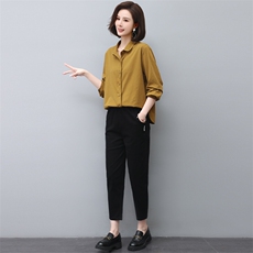 现货春秋新品时尚两件套棉麻宽松大码百搭通勤套装上衣裤子，女装套装/套裙，3200格调