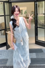 夏装大量现货！蓝色度假风刺绣两件套2C133-8958P165K238，女装套装/套裙，2C133