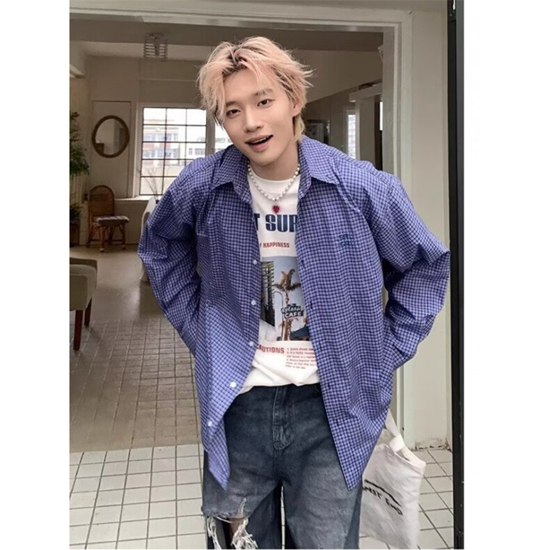刺绣细格纹长袖衬衫男女早秋款复古休闲百搭bf风衬衣外套CH275,男装衬衫,星座1116A（原606A-3）