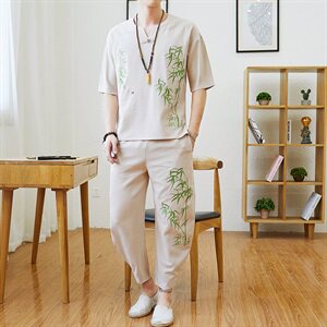 夏季棉麻套装男亚麻短袖t恤韩版潮流休闲v风一套衣服TZ96图片