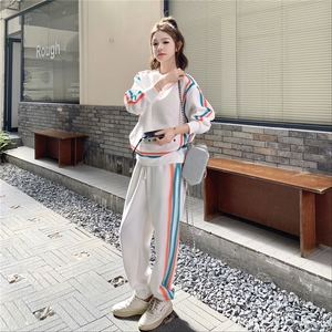 白色学院风运动套装女2025秋季韩版条纹撞色长袖卫衣阔腿裤两件套图片