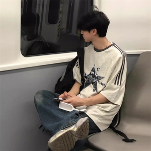 夏季美式高街重磅纯棉三条杠织带撞色男女短袖T恤ZD520-特P30图片