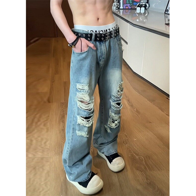 夏季多破洞怀旧蓝牛仔裤男复古直筒裤子加长版微喇裤NB157,男装牛仔裤,星座1116A（原606A-3）