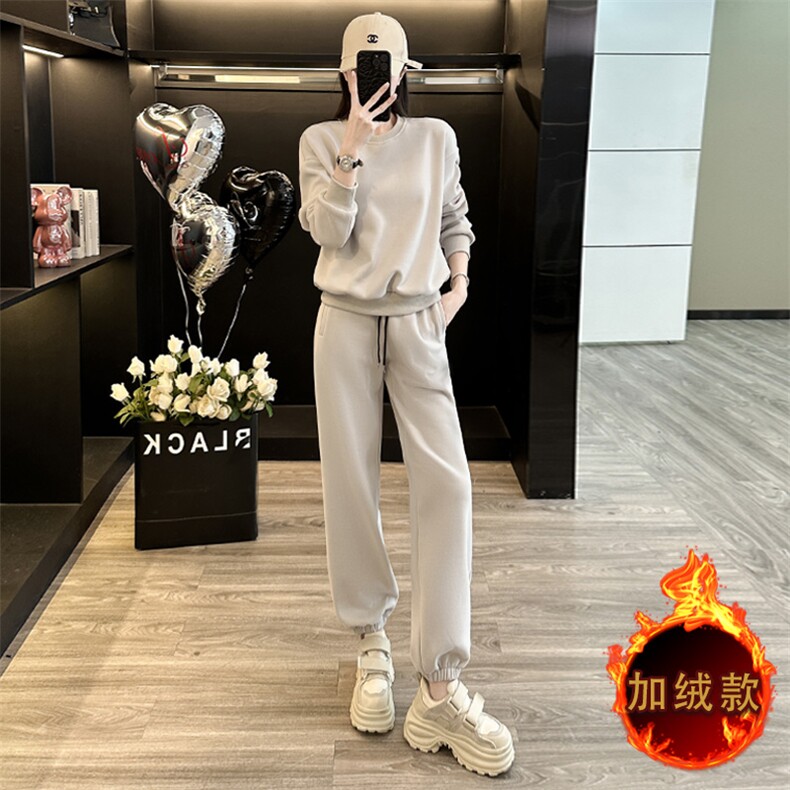 秋冬新款加绒宽松圆领卫衣两件套女休闲运动套装显瘦减龄时尚,女装套装/套裙,江南
