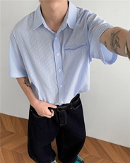 夏季简约设计商务纯色蓝色条纹短袖衬衫上班休闲衬衣男，男装T恤，四季星座505