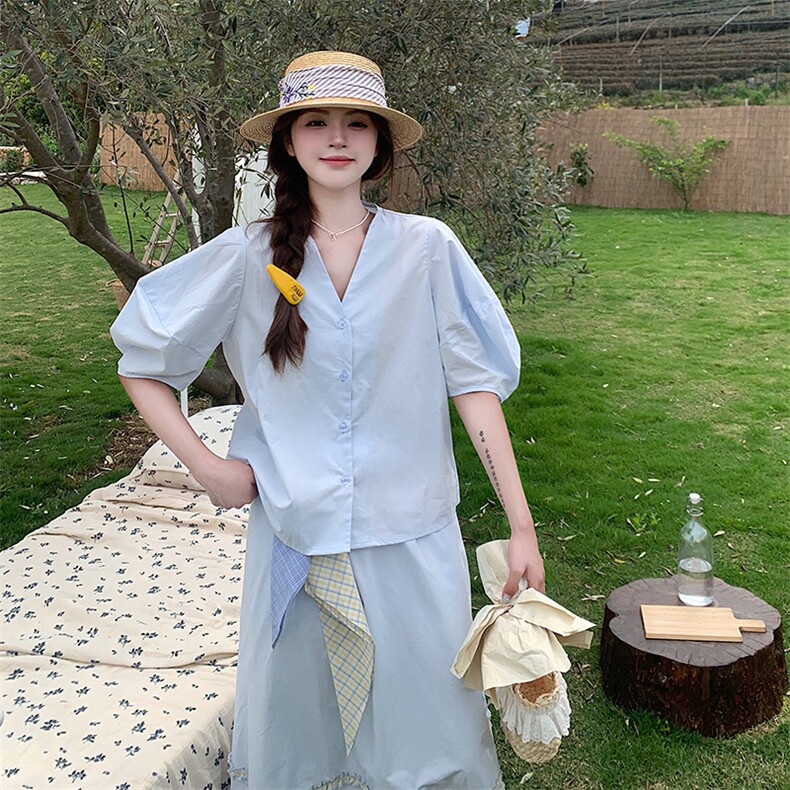 韩系氛围感套装裙女2025夏季新款独特漂亮设计感衬衫半身裙两件套,女装套装/套裙,2C108
