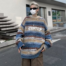 美式渐变纱刺绣字母条纹毛衣男宽松慵懒风秋冬针织衫男MZ114-P60，男装针织衫/毛衣，星座412-3