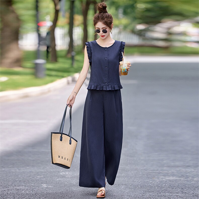 时尚女2025夏季新款韩系洋气无袖短上衣天丝亚麻阔腿裤,女装连衣裙,盈茜