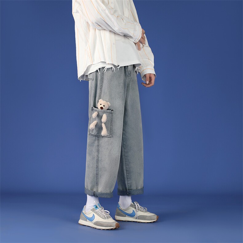 小熊牛仔裤男韩版潮流裤子阔腿宽松直筒潮牌百搭男长裤nzk91-p40,男装牛仔裤,星座1008-2