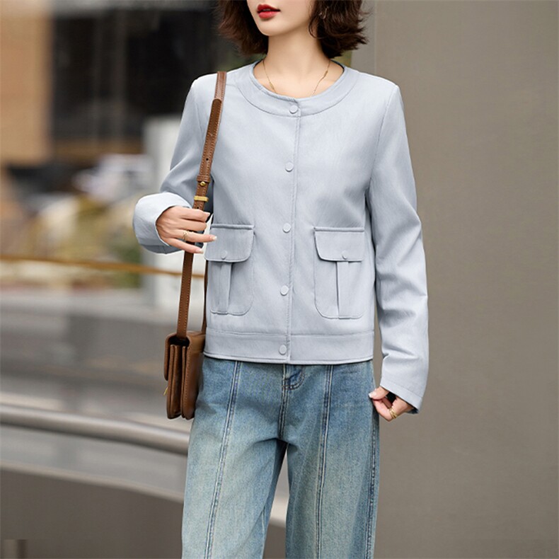 2025春秋季新款高级感质感长袖短款圆领pu皮衣夹克欧美时尚外套女，女装皮衣，美拉德工厂直营店