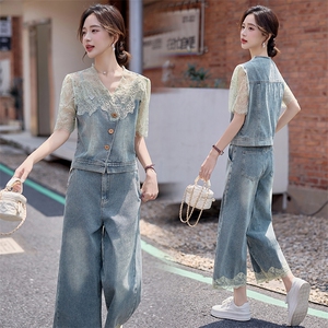 小香风蕾丝套装女2025夏日新款小个子时尚巨好看天丝牛仔两件套裤,女装套装/套裙,仟媚宠